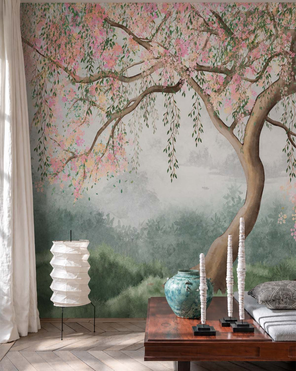 Zinnwaldite Chinoiserie Willow Tree & Flying Cranes Residential Mural RM9171