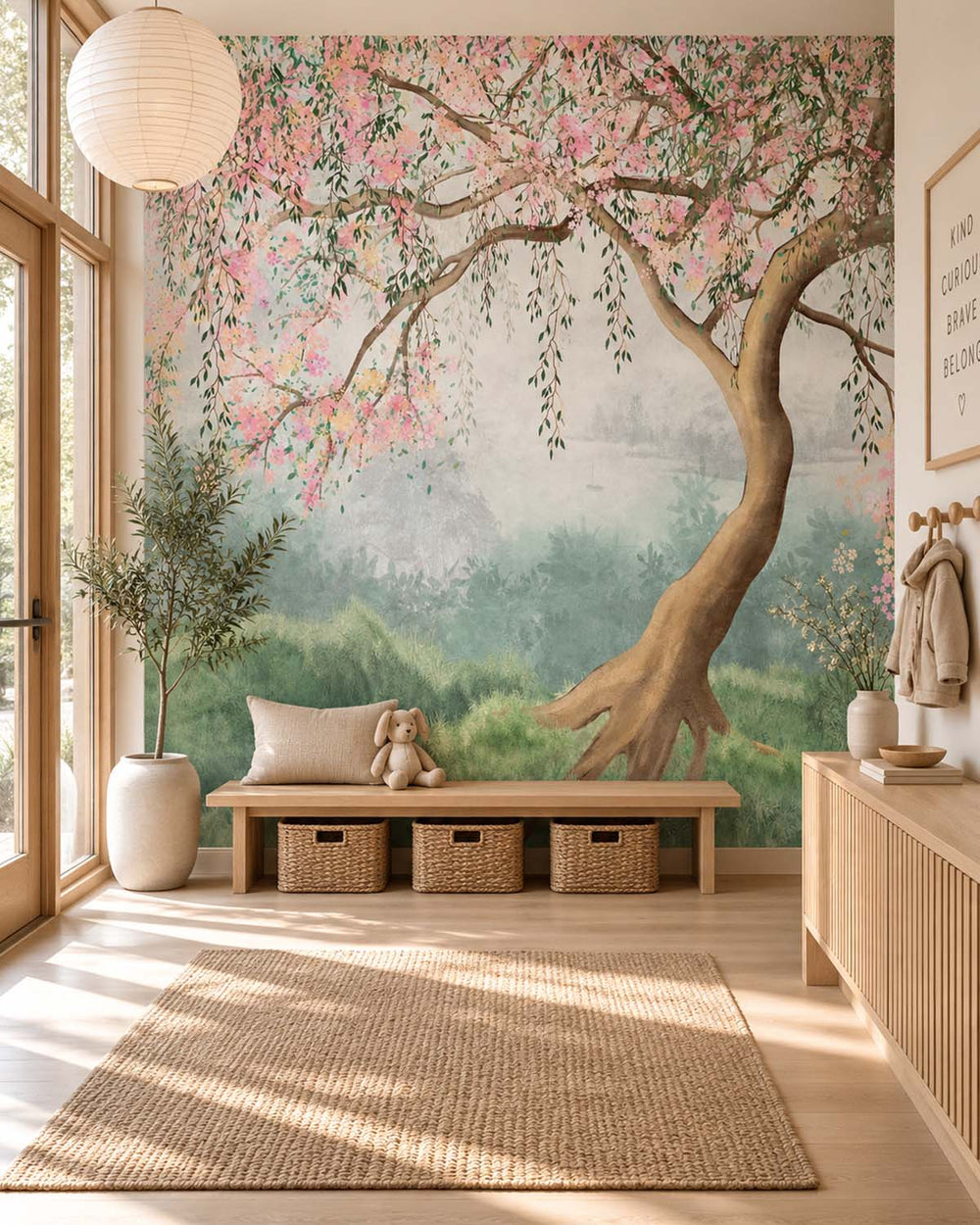 Zinnwaldite Chinoiserie Willow Tree & Flying Cranes Residential Mural RM9171