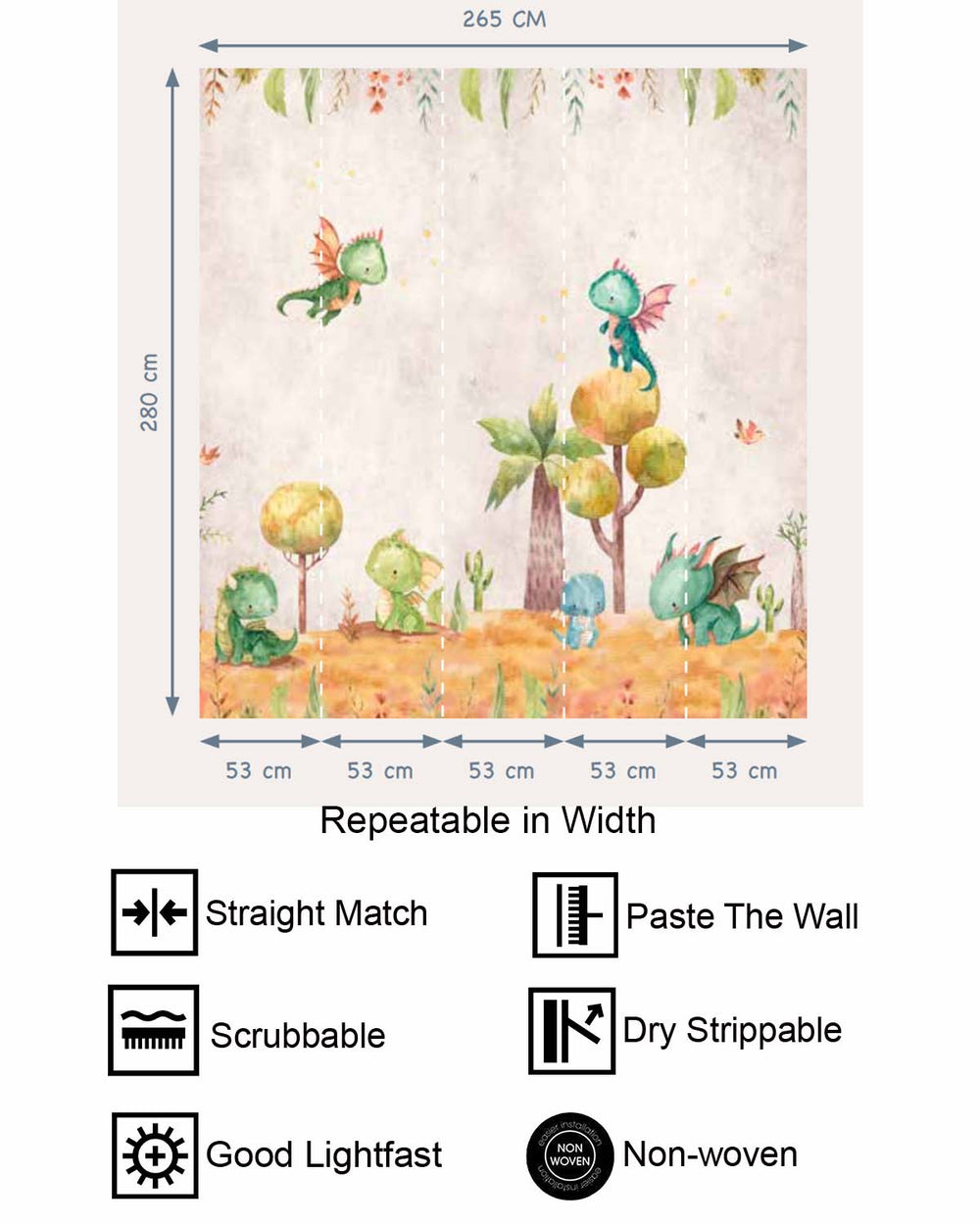 Gold Buff Whimsical Watercolor Baby Dragon Residential Mural RM9172