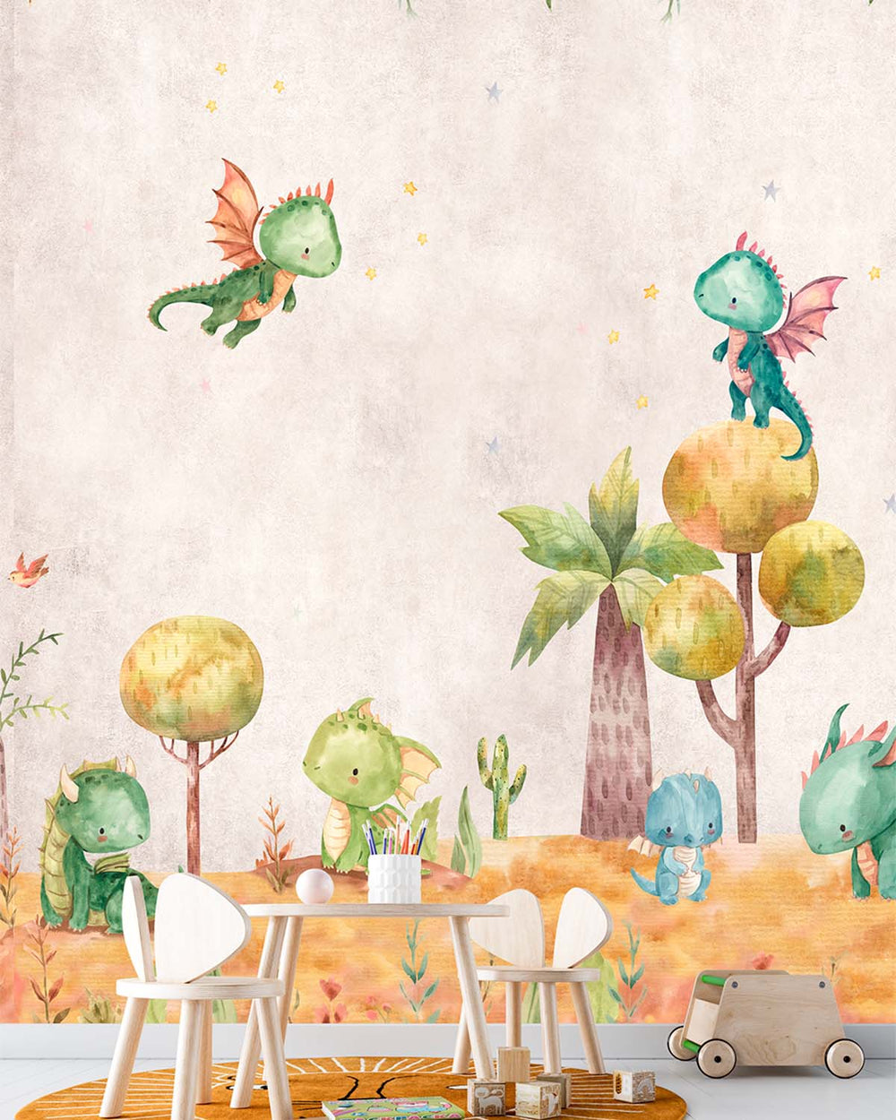 Gold Buff Whimsical Watercolor Baby Dragon Residential Mural RM9172