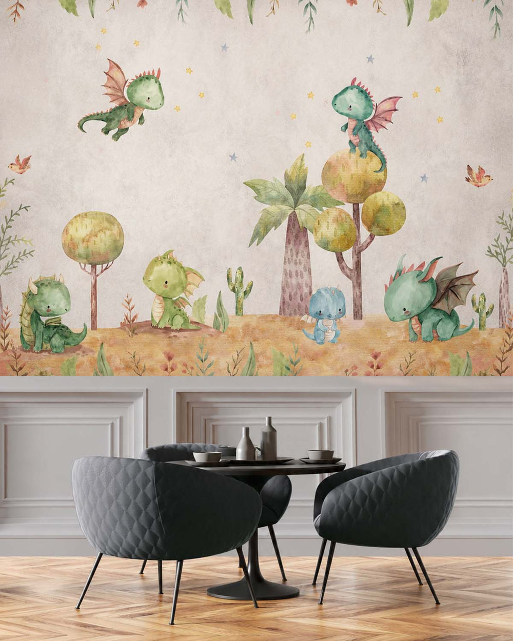 Gold Buff Whimsical Watercolor Baby Dragon Residential Mural RM9172