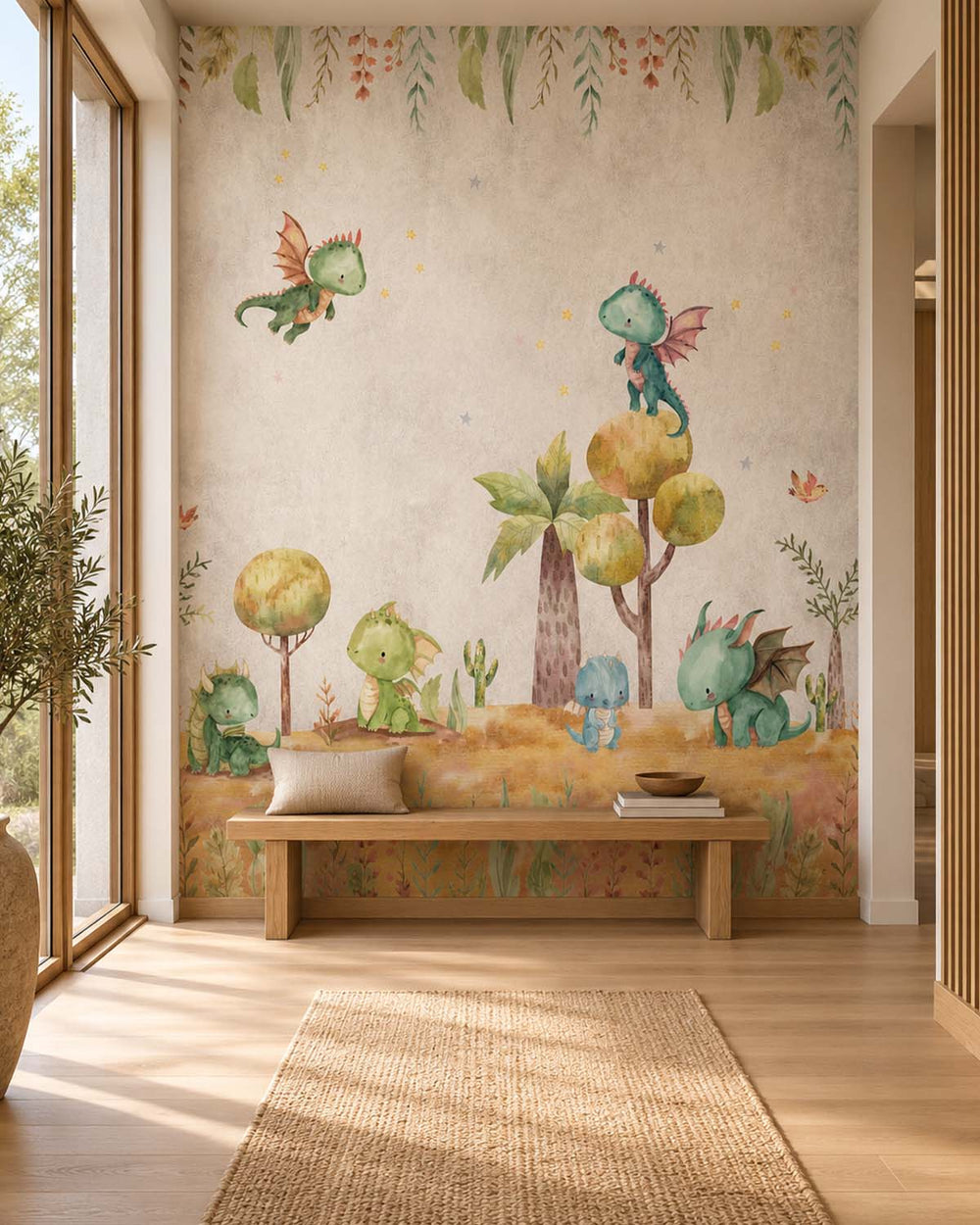 Gold Buff Whimsical Watercolor Baby Dragon Residential Mural RM9172