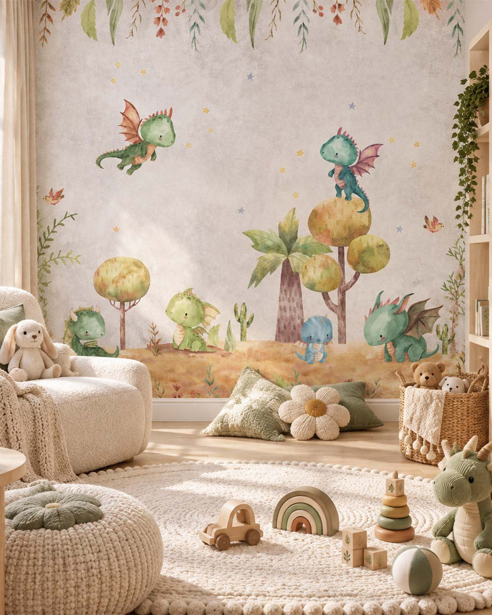 Gold Buff Whimsical Watercolor Baby Dragon Residential Mural RM9172