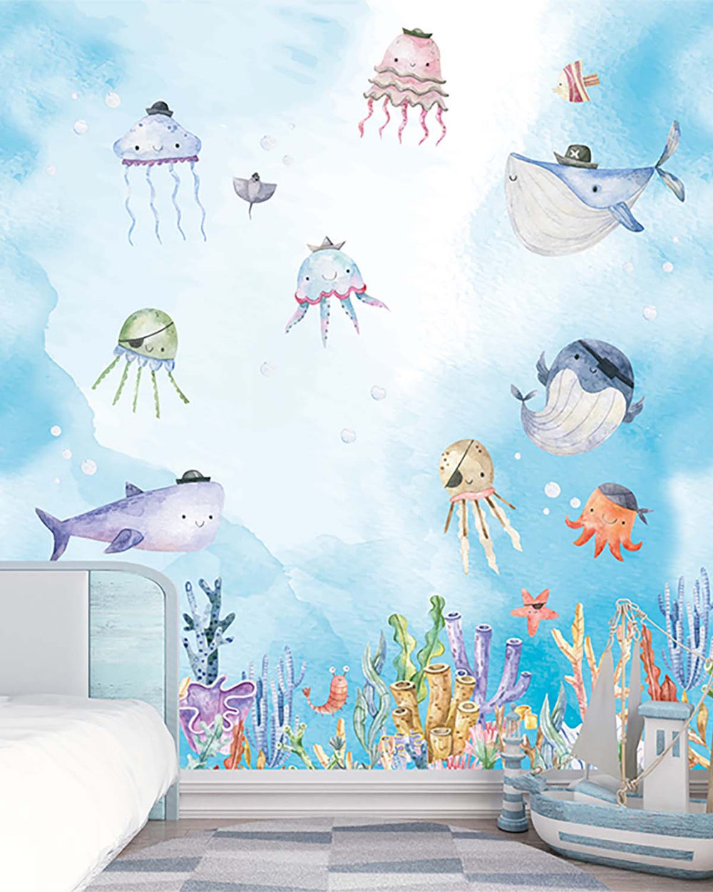 Spritzig Pirate Sea Animals Watercolor Residential Mural RM9175