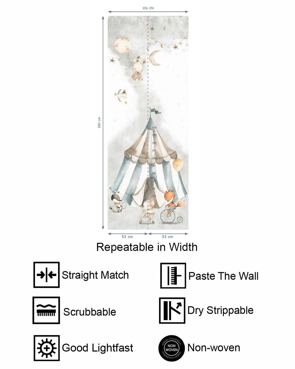 Aria Grey Circus Animals Kids Height Chart Residential Mural RM9179