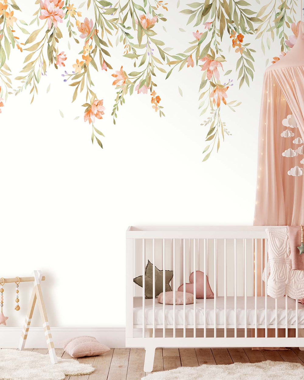 Coral Silk Soft Boho Floral Hanging Vine Residential Mural RM9188