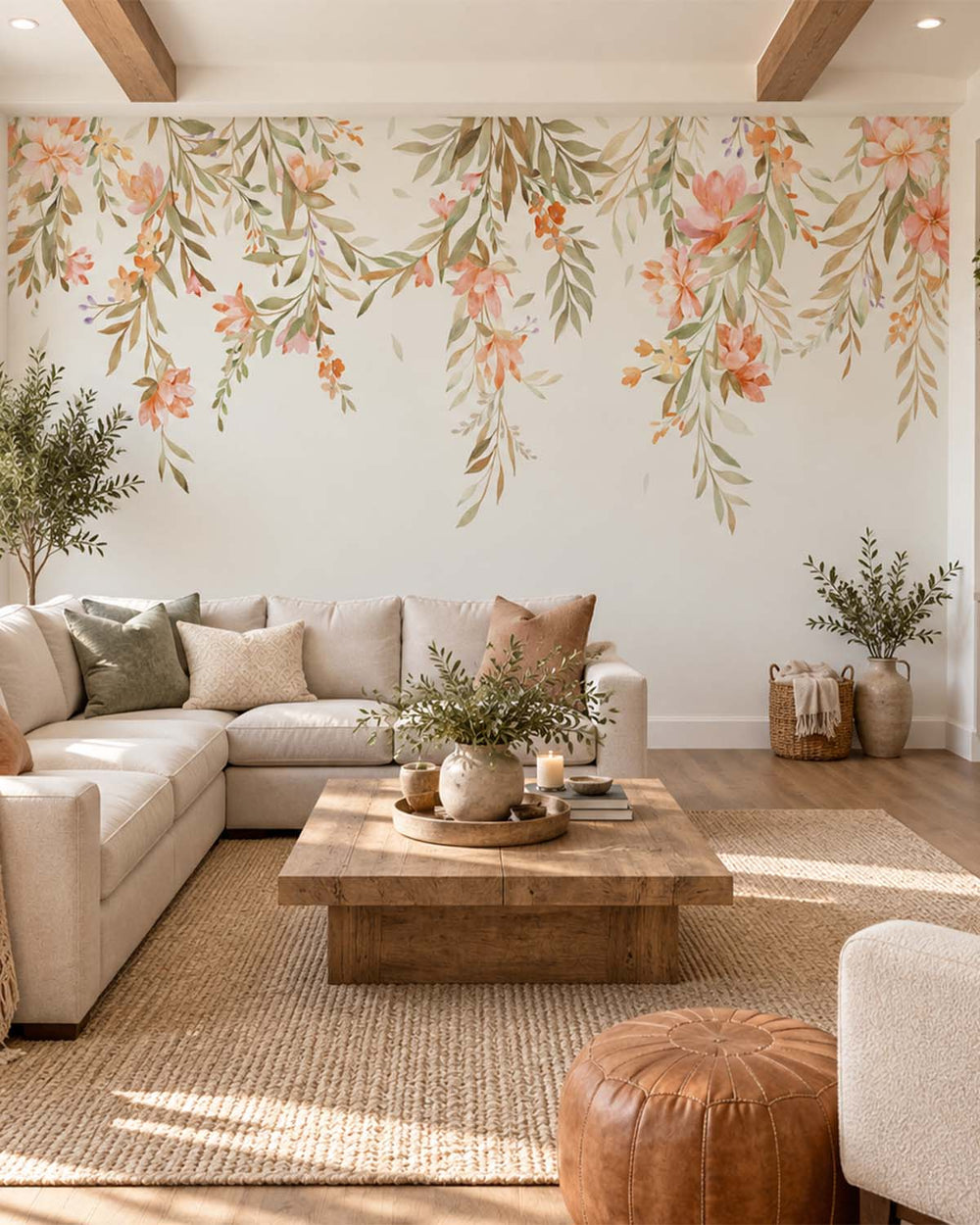 Coral Silk Soft Boho Floral Hanging Vine Residential Mural RM9188