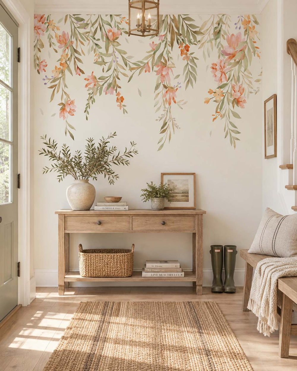 Coral Silk Soft Boho Floral Hanging Vine Residential Mural RM9188