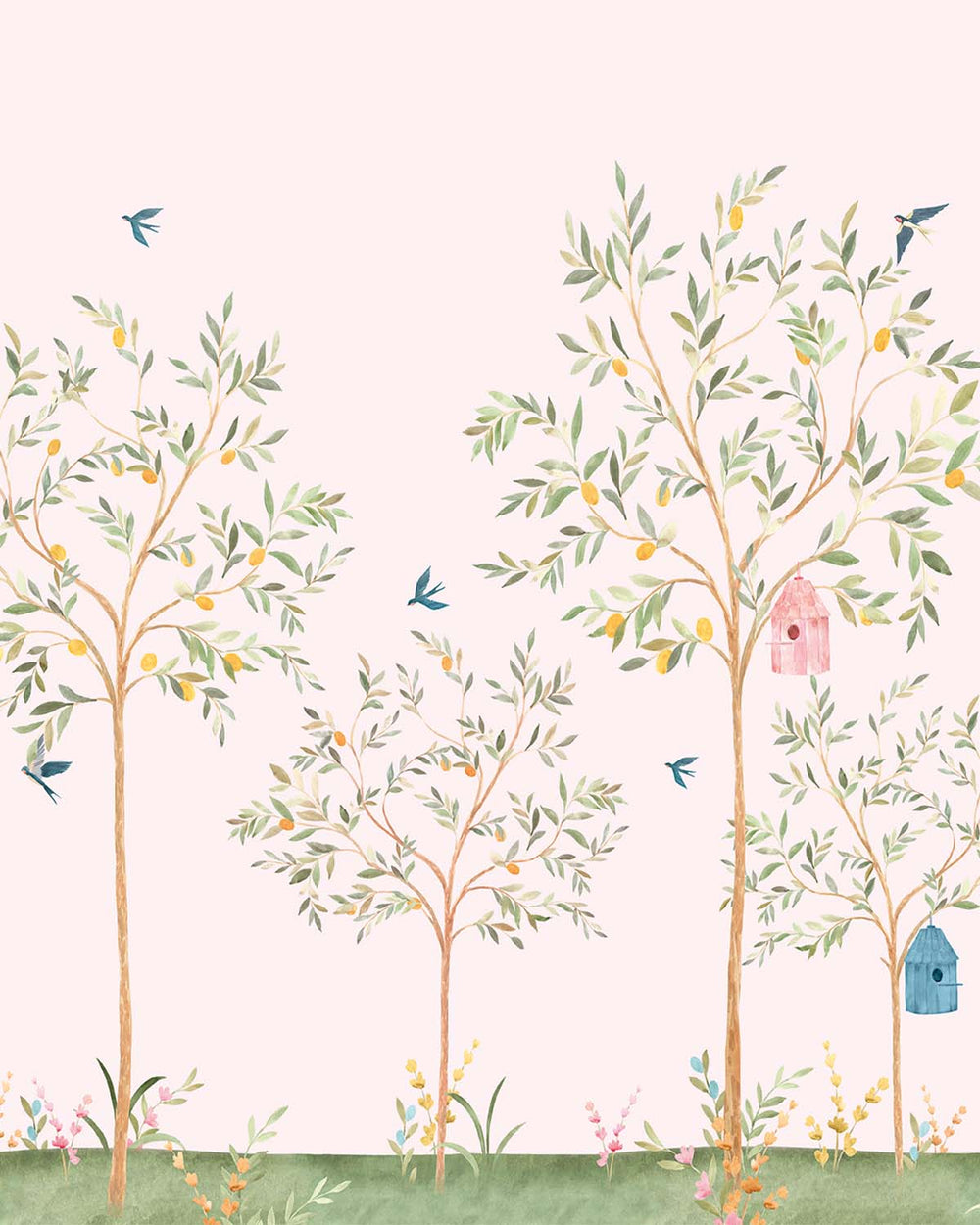 Precious Pink Chinoiserie Lemon Tree & Birds Residential Mural RM9190