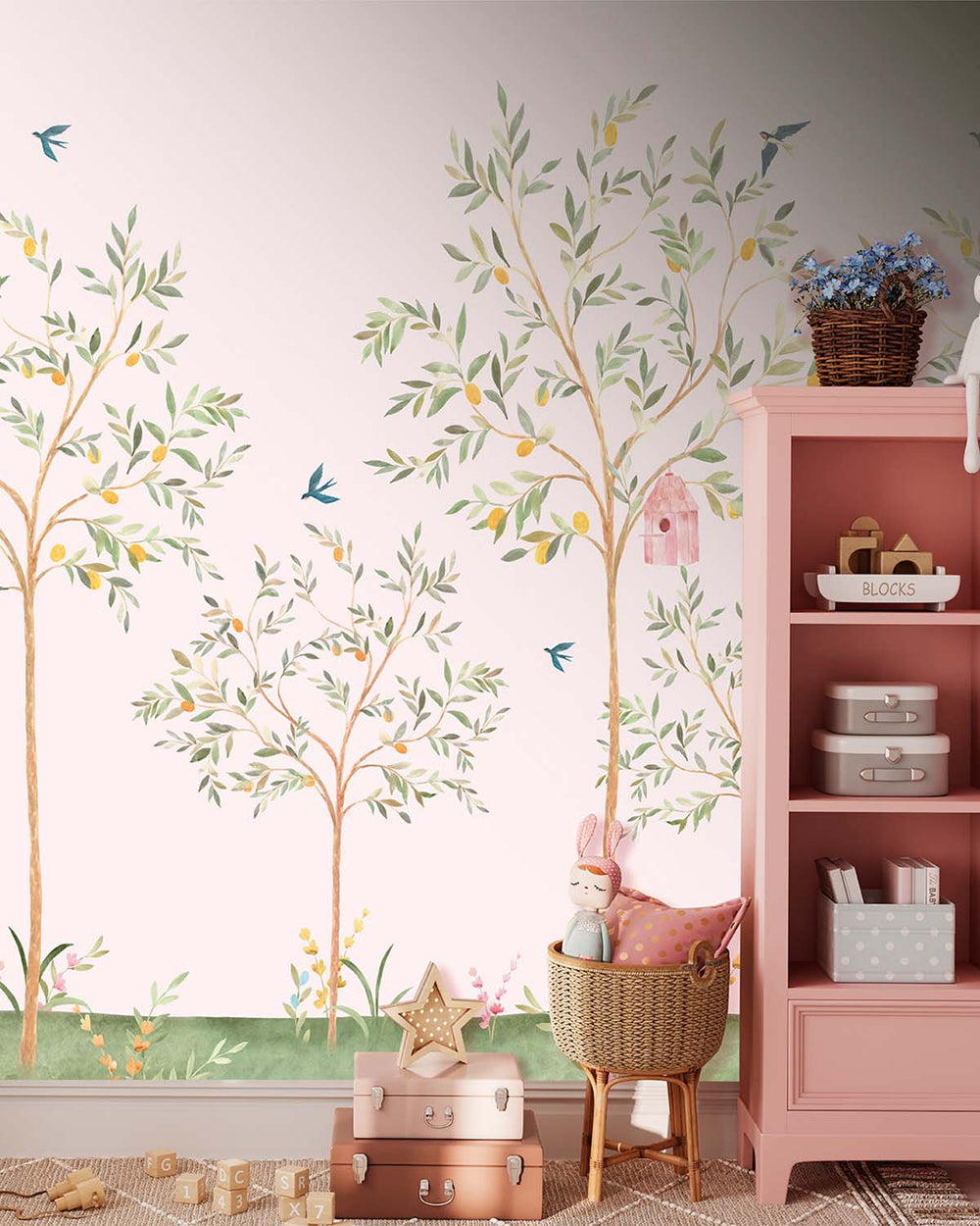 Precious Pink Chinoiserie Lemon Tree & Birds Residential Mural RM9190