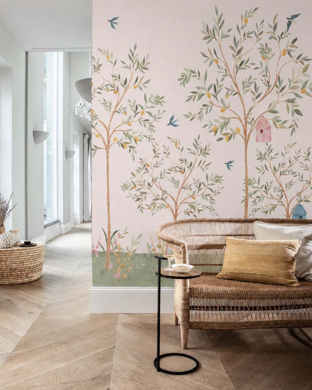 Precious Pink Chinoiserie Lemon Tree & Birds Residential Mural RM9190