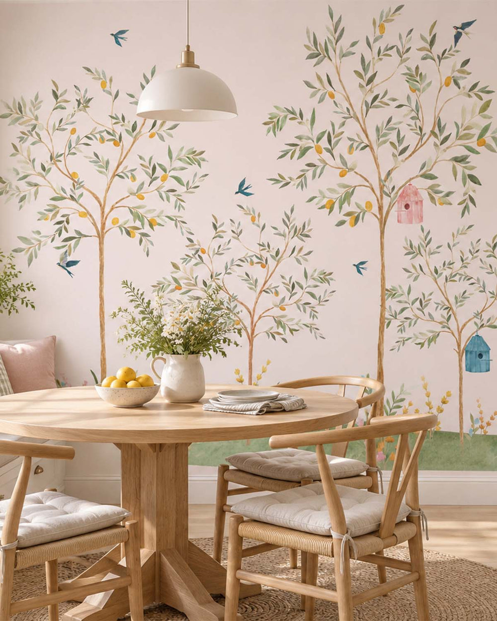 Precious Pink Chinoiserie Lemon Tree & Birds Residential Mural RM9190
