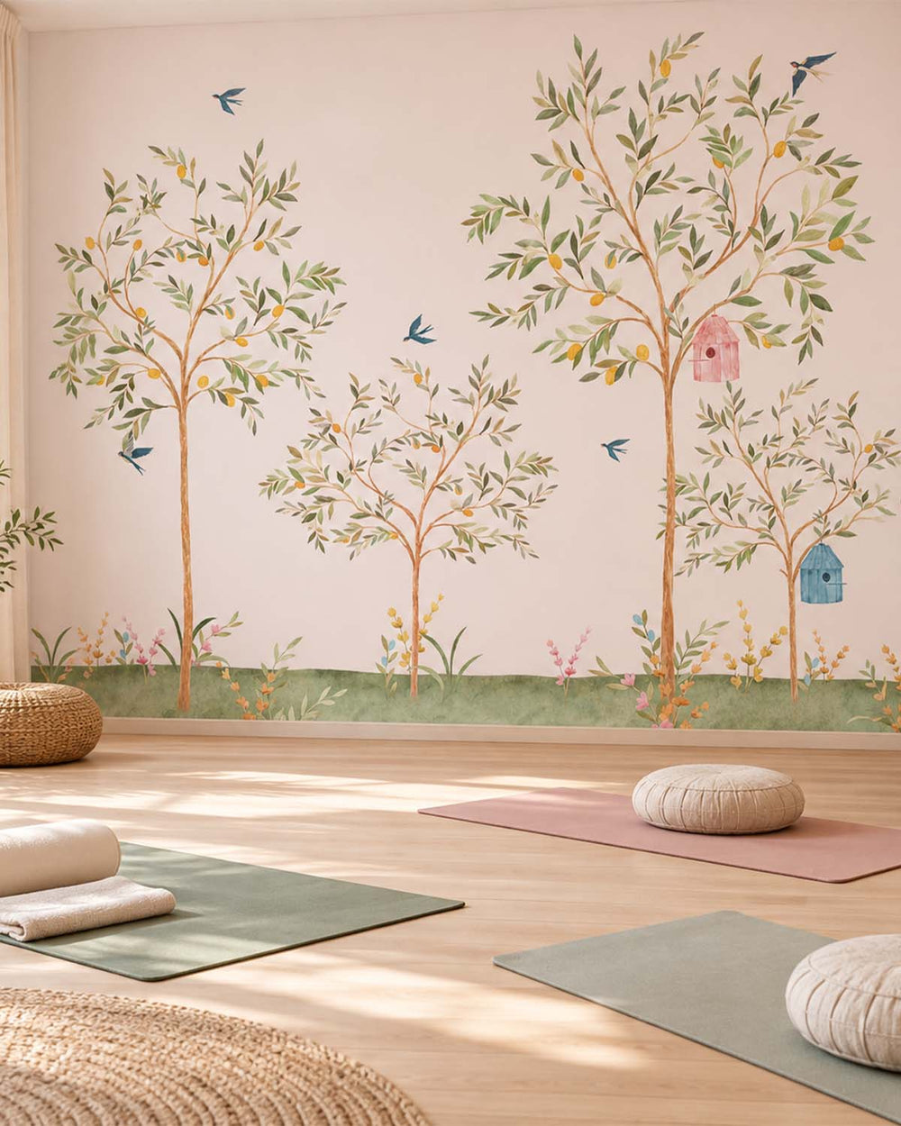 Precious Pink Chinoiserie Lemon Tree & Birds Residential Mural RM9190