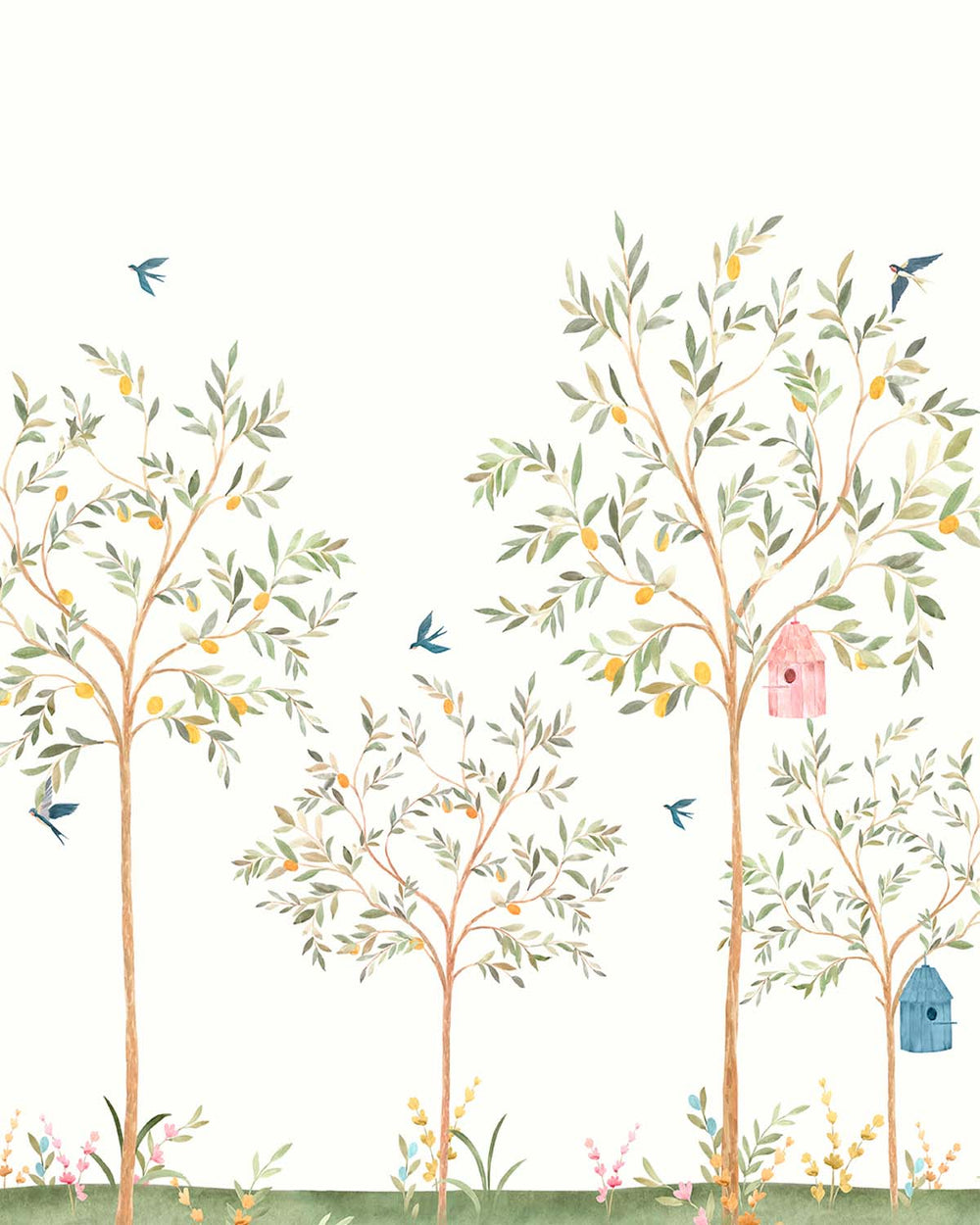 Baby Powder Chinoiserie Lemon Tree & Birds Residential Mural RM9191