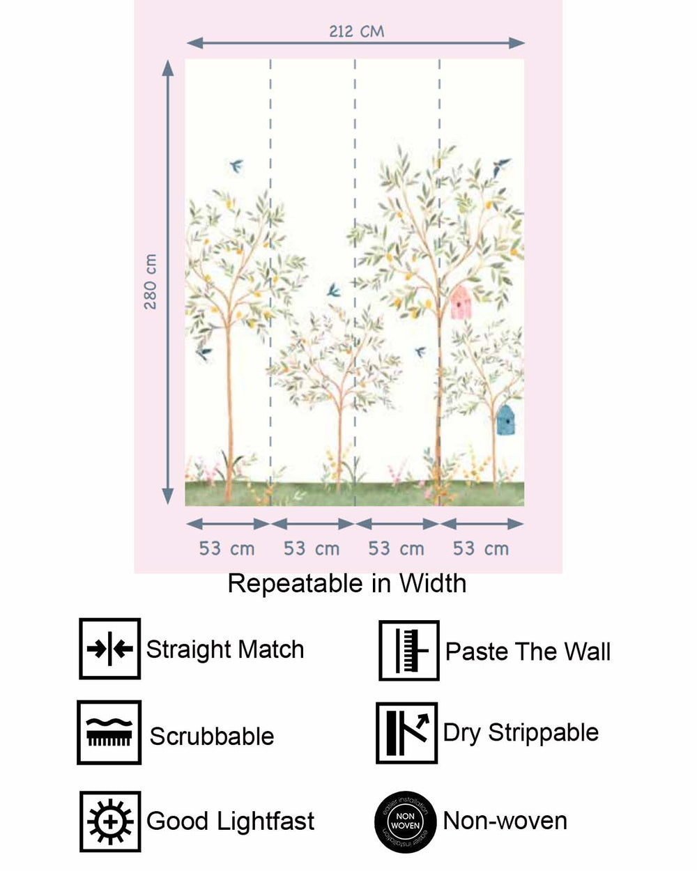 Baby Powder Chinoiserie Lemon Tree & Birds Residential Mural RM9191