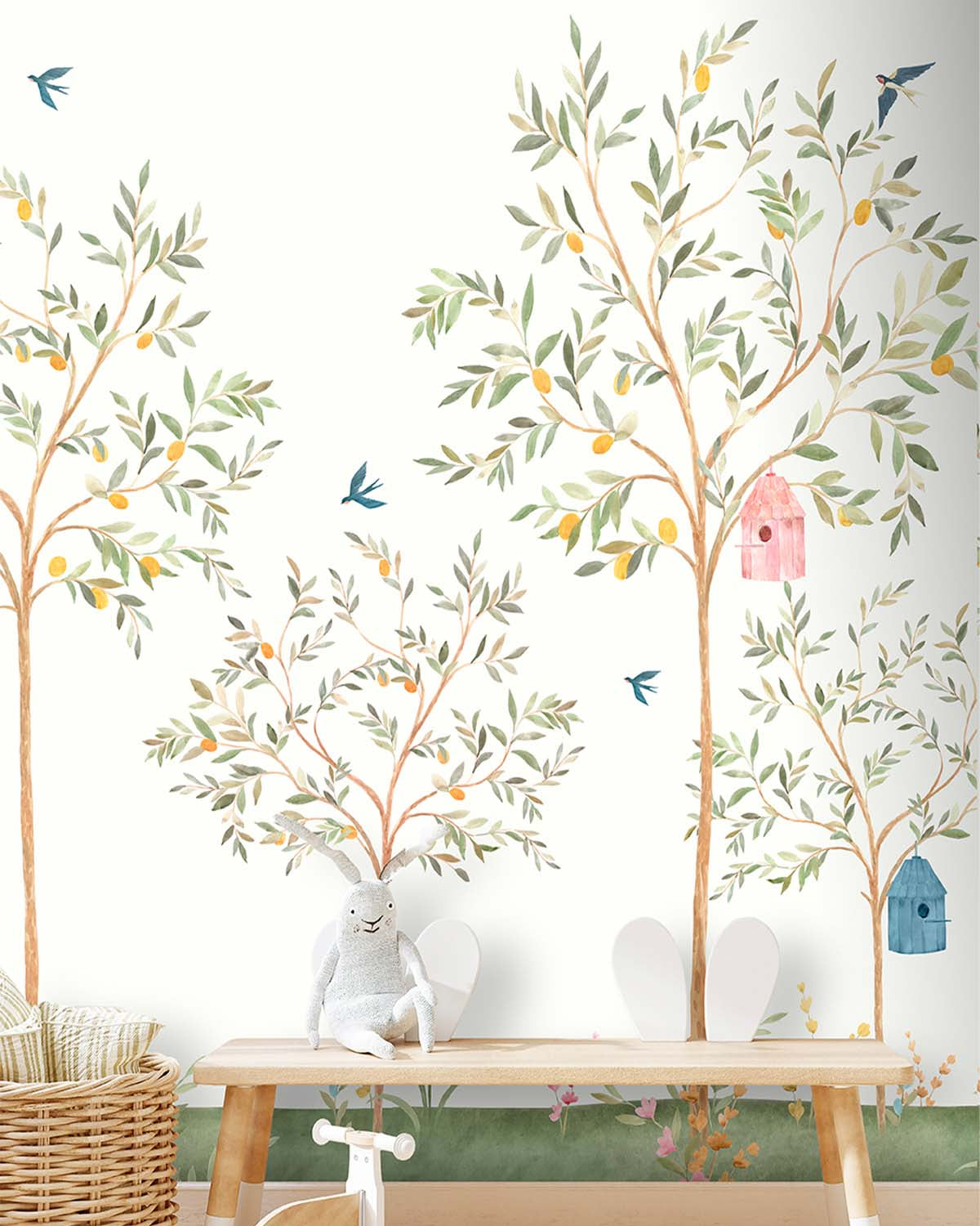 Baby Powder Chinoiserie Lemon Tree & Birds Residential Mural RM9191