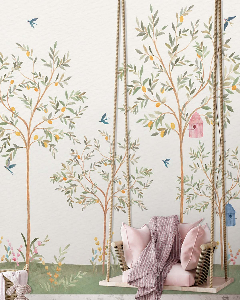 Baby Powder Chinoiserie Lemon Tree & Birds Residential Mural RM9191