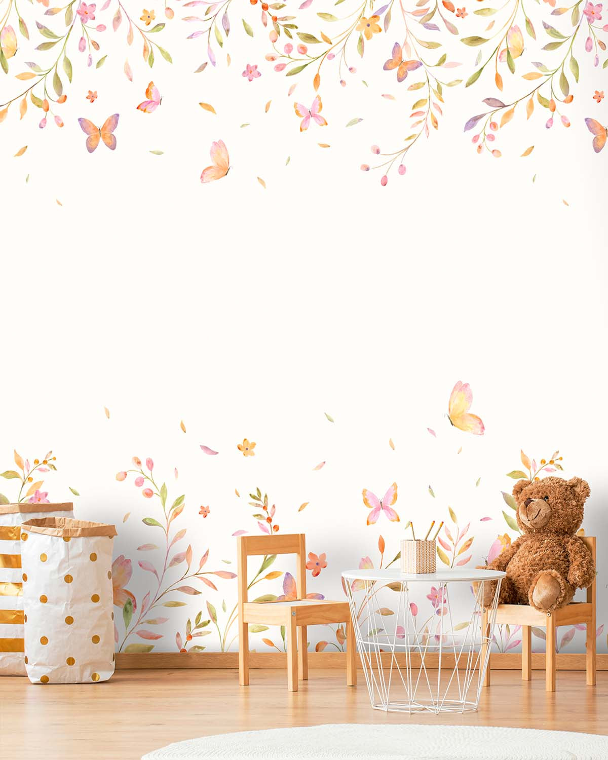 Pastel Orange Whimsical Botanical Garden Residential Mural RM9194