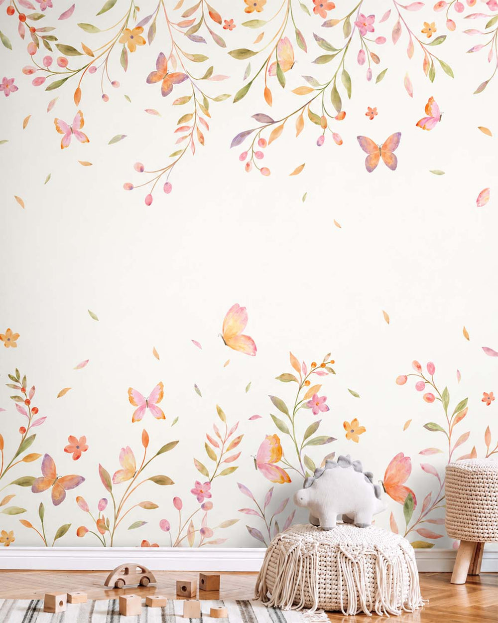 Pastel Orange Whimsical Botanical Garden Residential Mural RM9194
