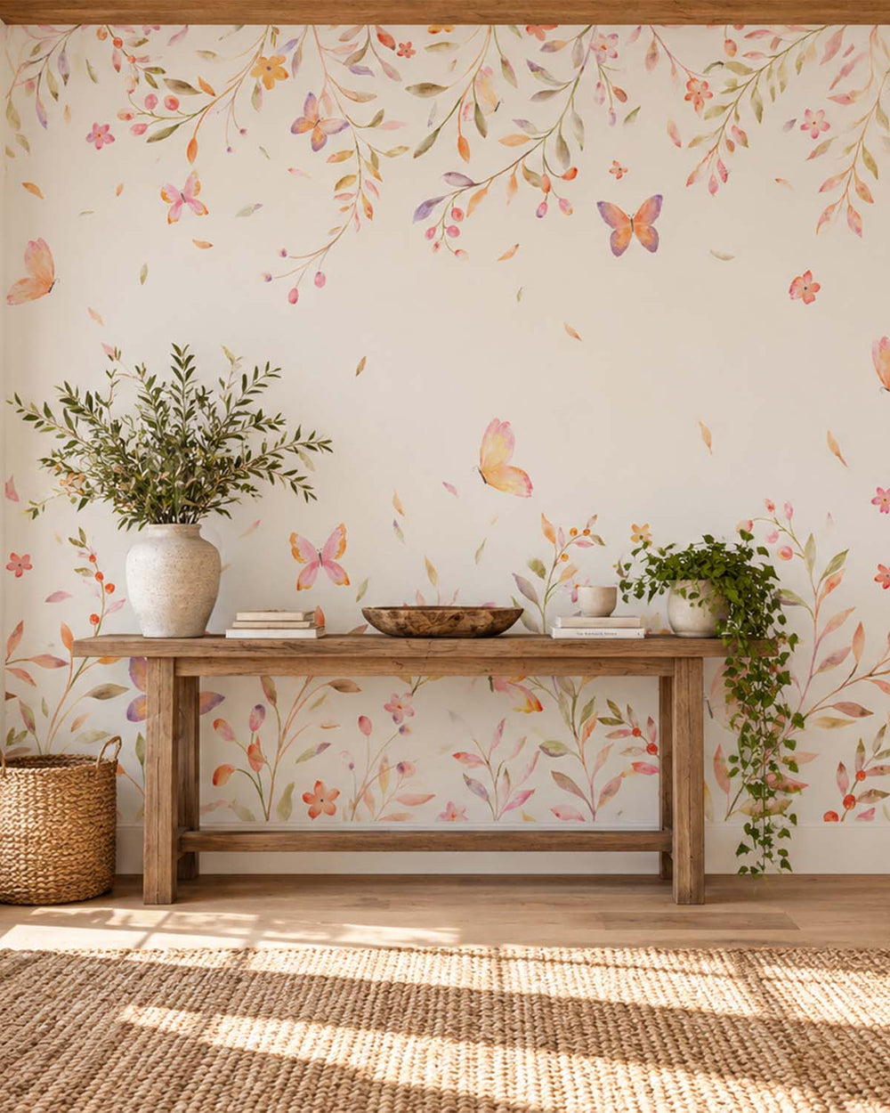 Pastel Orange Whimsical Botanical Garden Residential Mural RM9194
