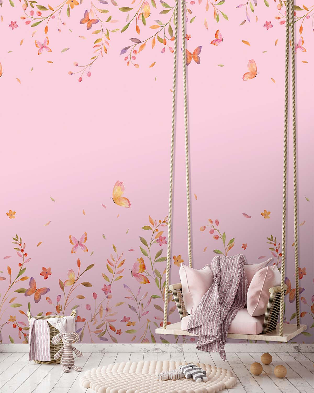 Rozowyi Pink Whimsical Botanical Garden Residential Mural RM9195