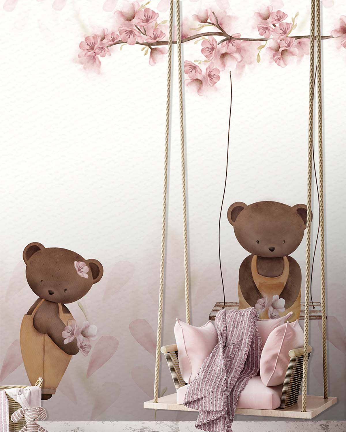 Apricot Foam Teddy Bear and Cherry Blossom Residential Mural RM9196