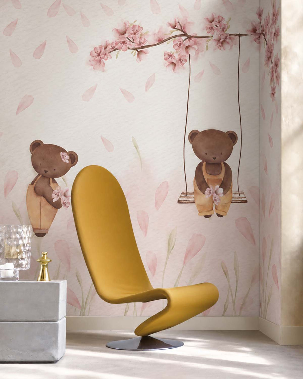 Apricot Foam Teddy Bear and Cherry Blossom Residential Mural RM9196