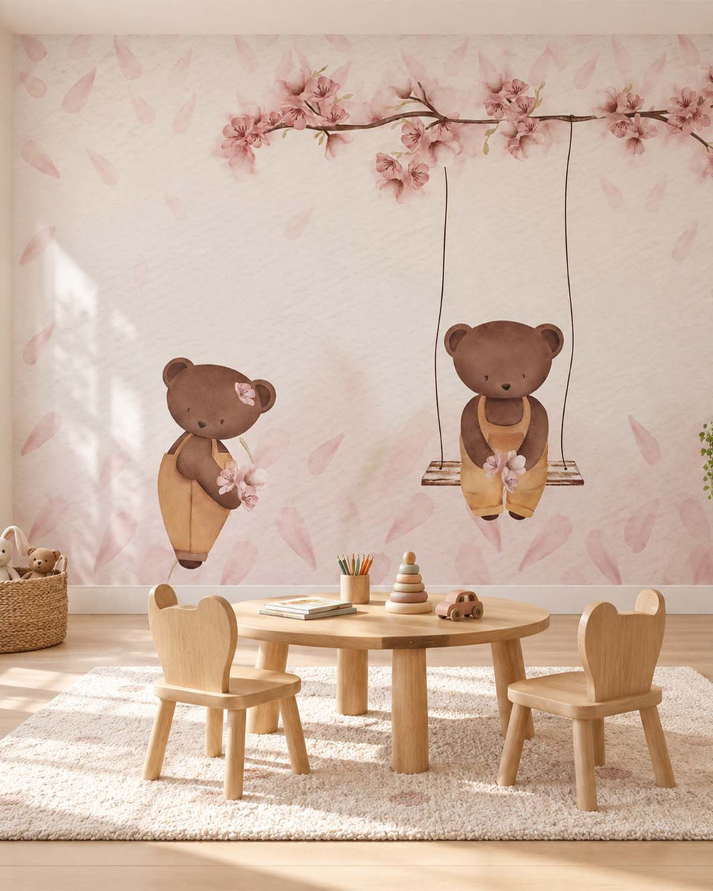 Apricot Foam Teddy Bear and Cherry Blossom Residential Mural RM9196
