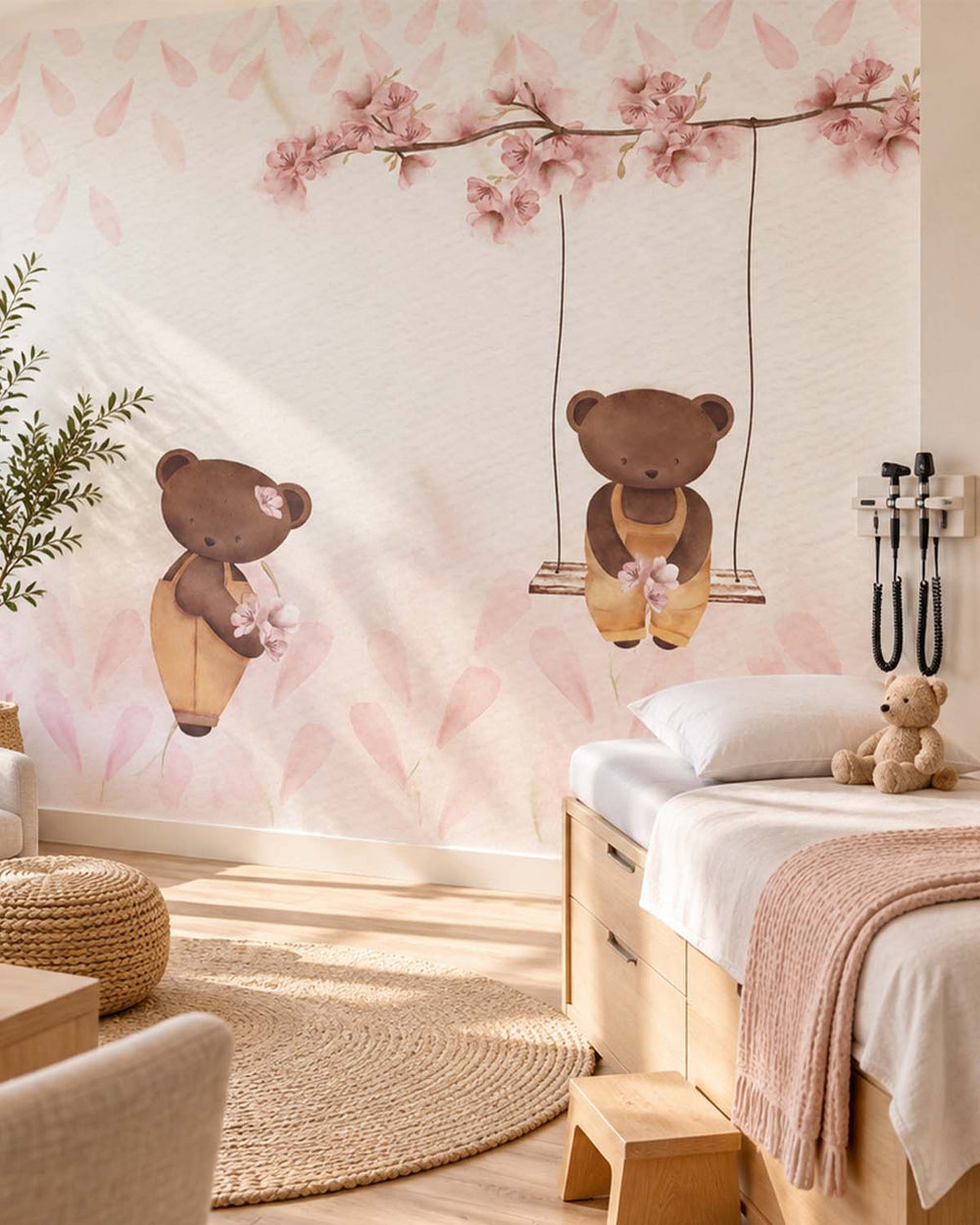 Apricot Foam Teddy Bear and Cherry Blossom Residential Mural RM9196