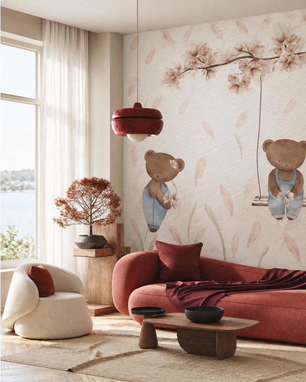DaVanzo Beige Teddy Bear and Cherry Blossom Residential Mural RM9197