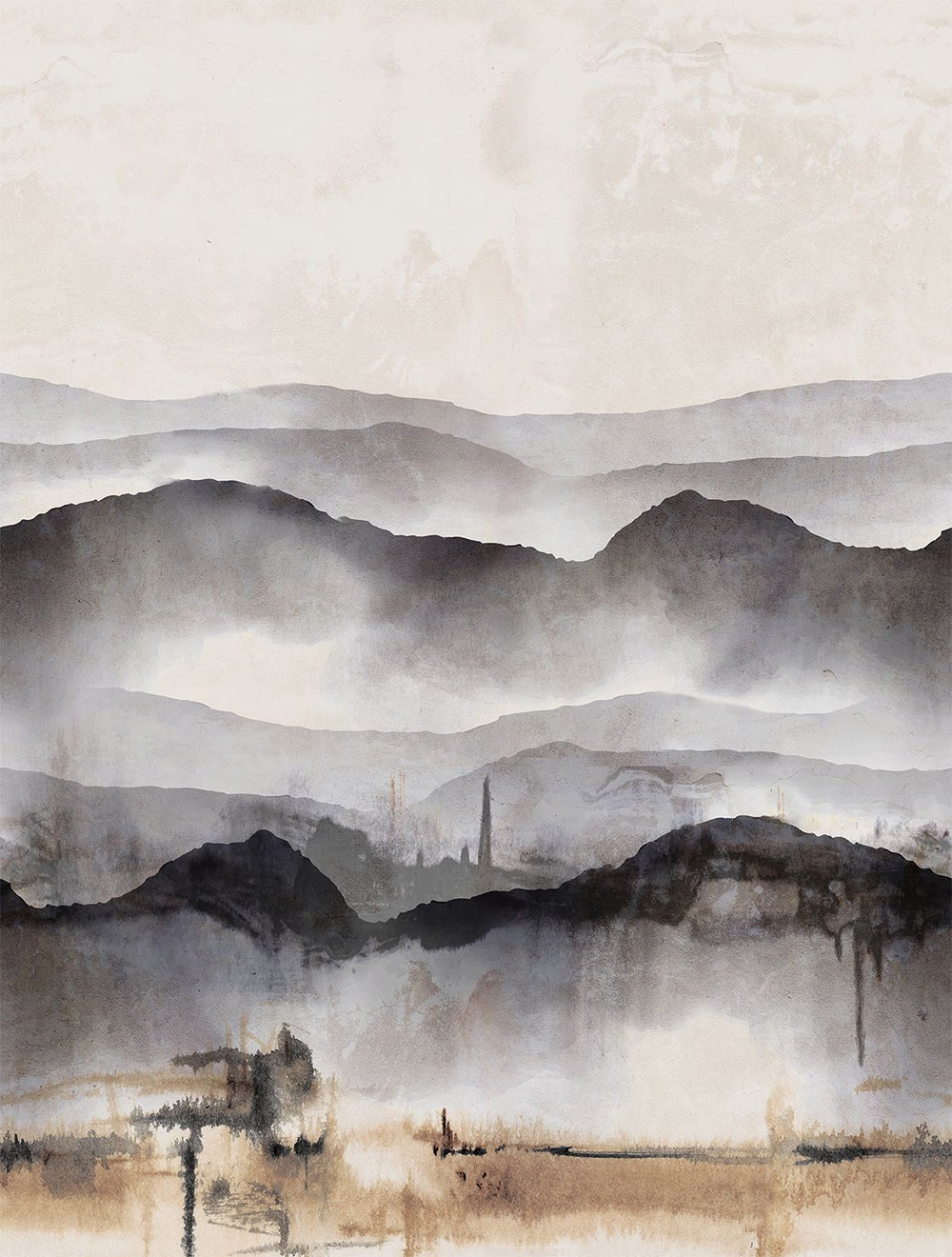 Silver Filigree Misty Mountain Abstract Residential Mural RM9207