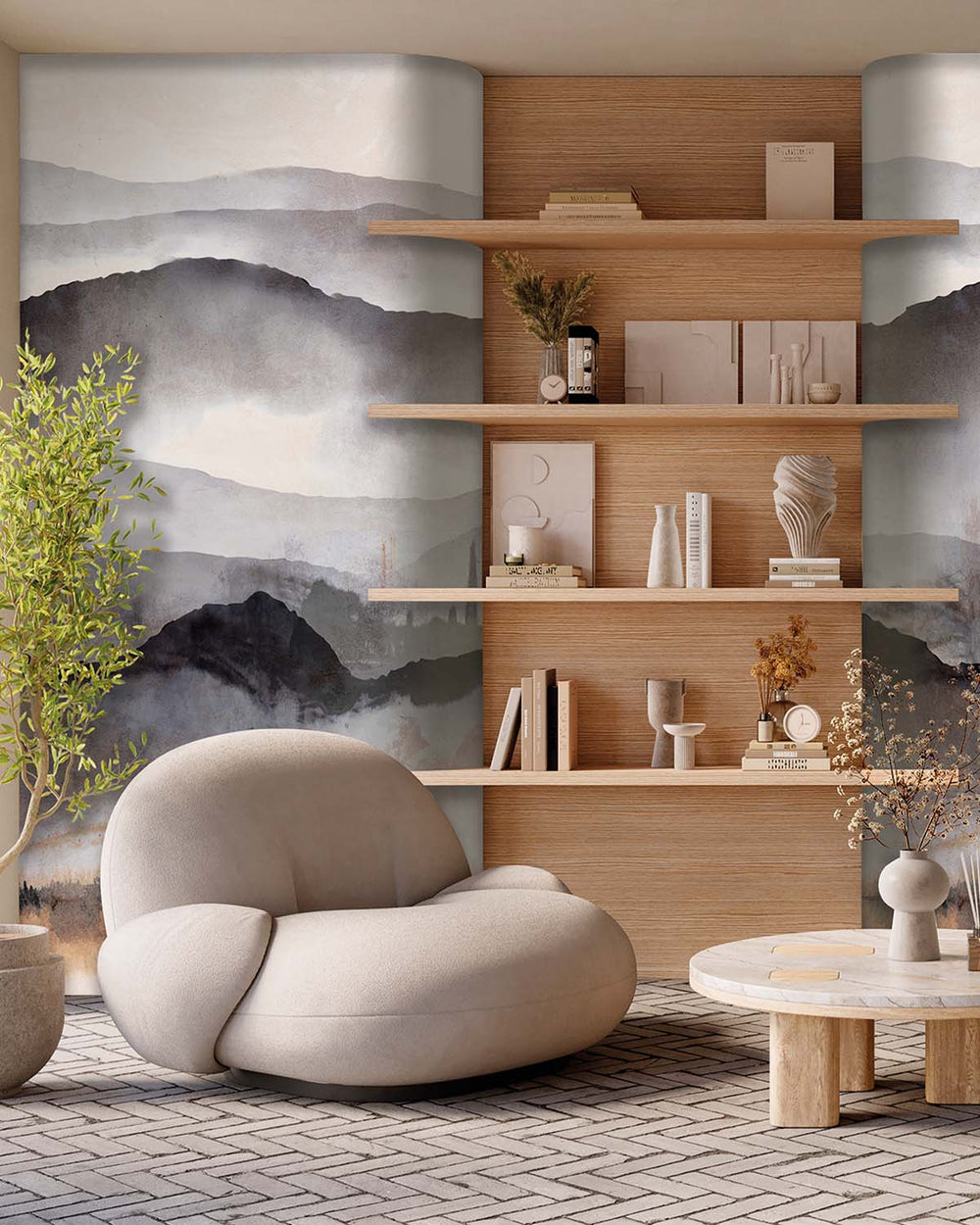 Silver Filigree Misty Mountain Abstract Residential Mural RM9207