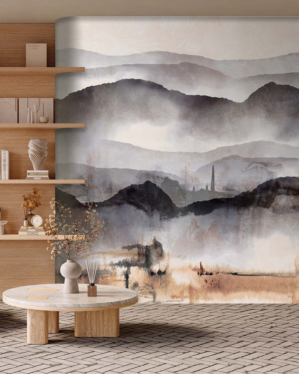 Silver Filigree Misty Mountain Abstract Residential Mural RM9207