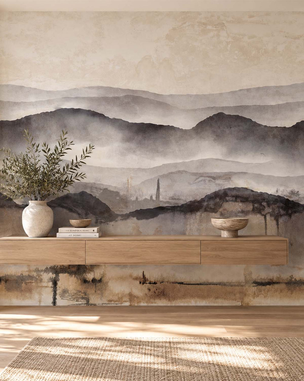 Silver Filigree Misty Mountain Abstract Residential Mural RM9207