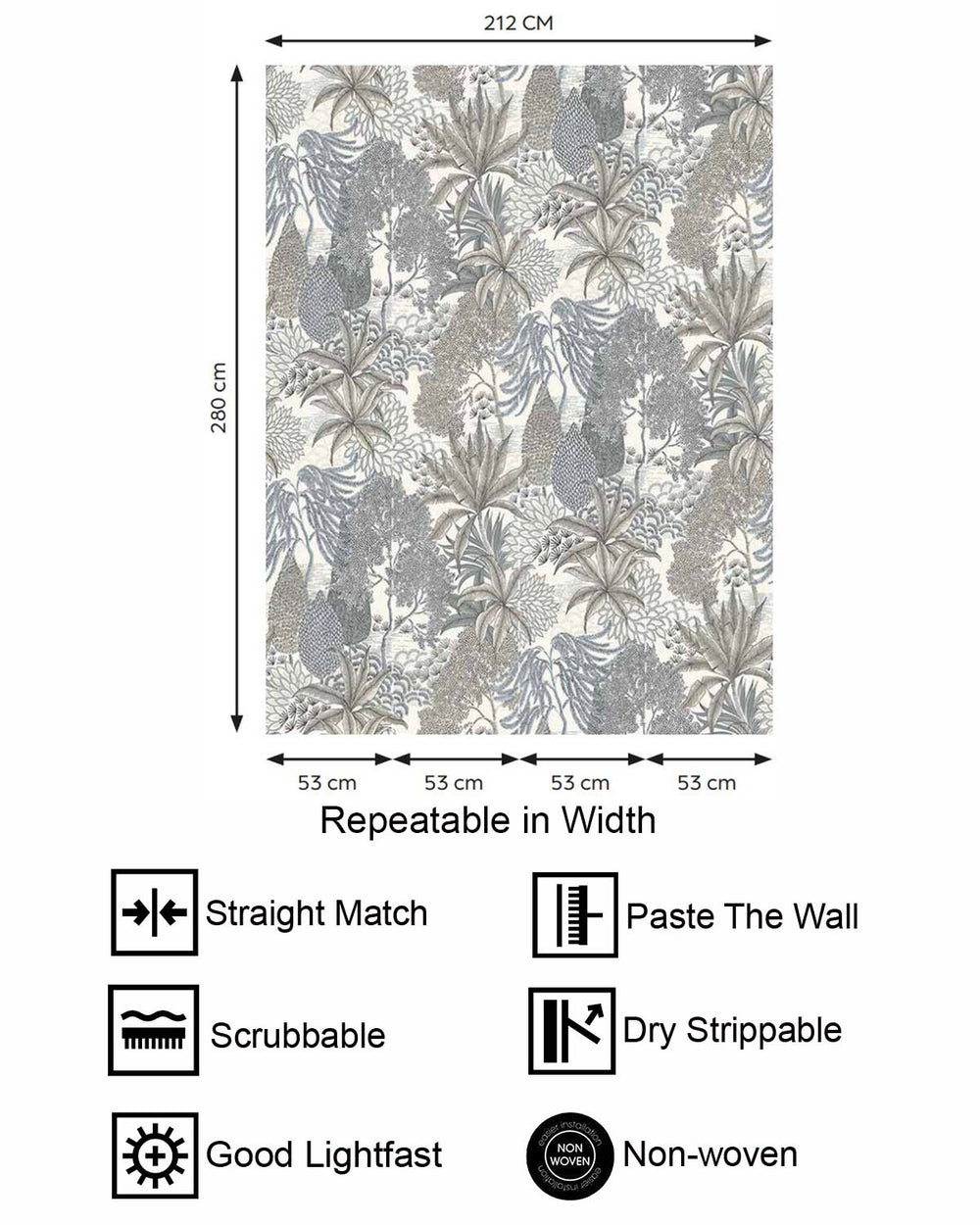 Celestra Grey Vintage Illustrated Foliage Residential Mural RM9209