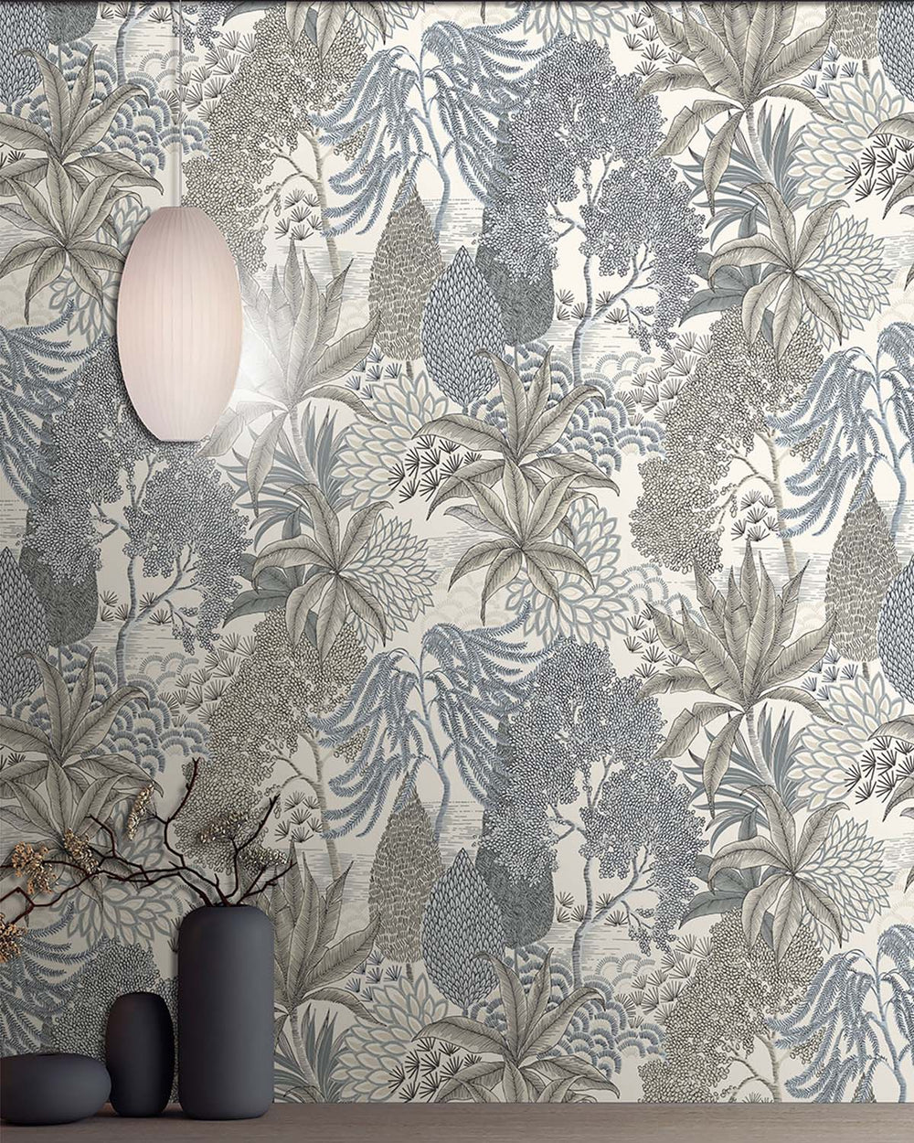 Celestra Grey Vintage Illustrated Foliage Residential Mural RM9209