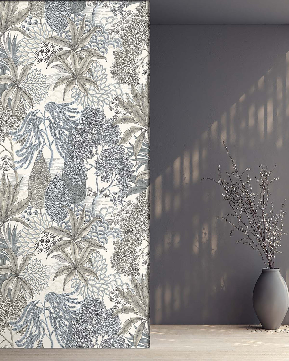 Celestra Grey Vintage Illustrated Foliage Residential Mural RM9209