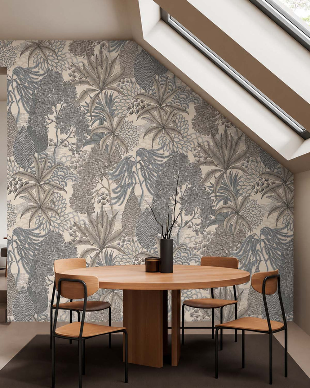 Celestra Grey Vintage Illustrated Foliage Residential Mural RM9209