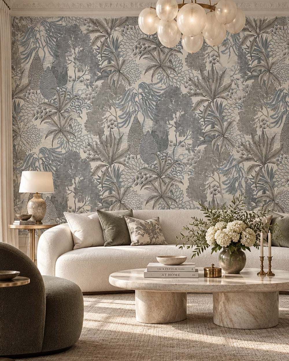 Celestra Grey Vintage Illustrated Foliage Residential Mural RM9209