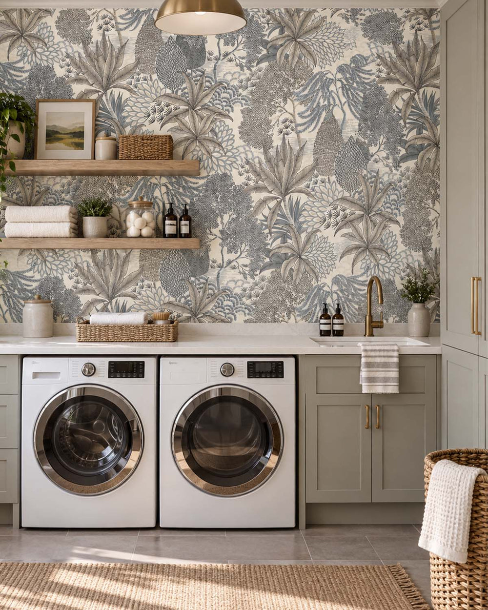 Celestra Grey Vintage Illustrated Foliage Residential Mural RM9209