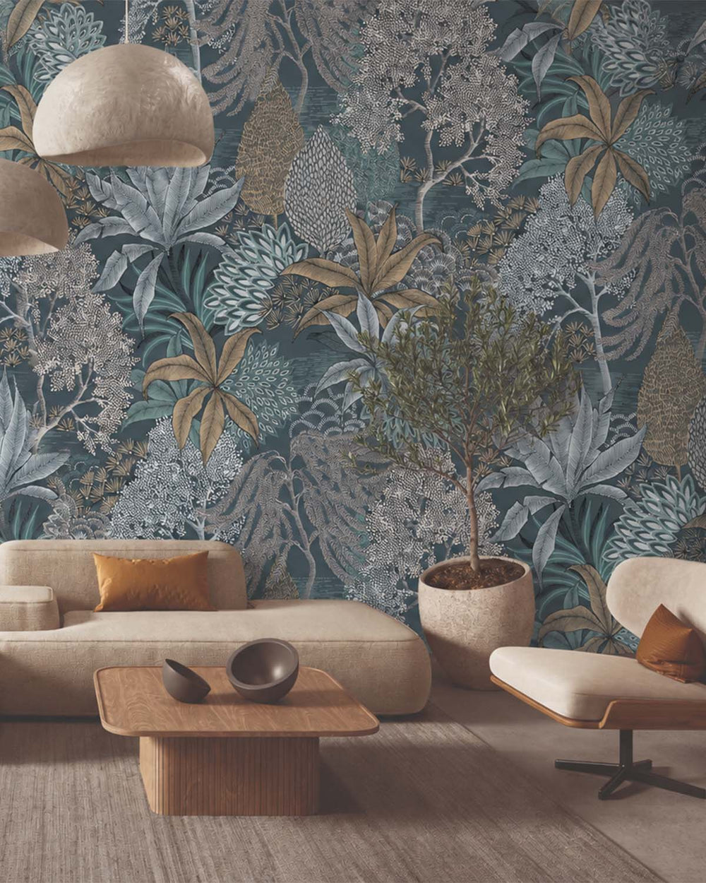 Orion Blue Vintage Illustrated Foliage Residential Mural RM9211