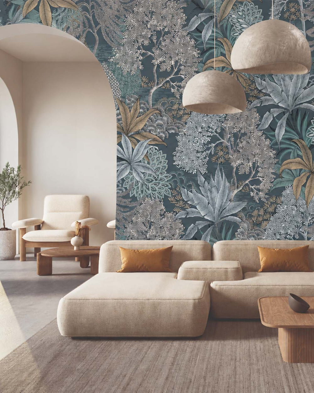 Orion Blue Vintage Illustrated Foliage Residential Mural RM9211