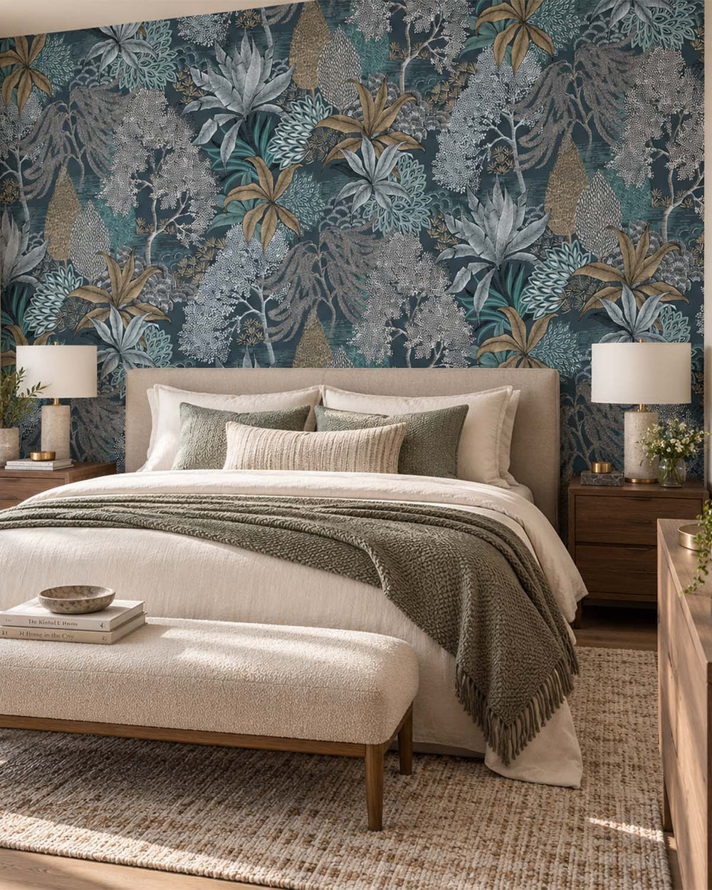 Orion Blue Vintage Illustrated Foliage Residential Mural RM9211