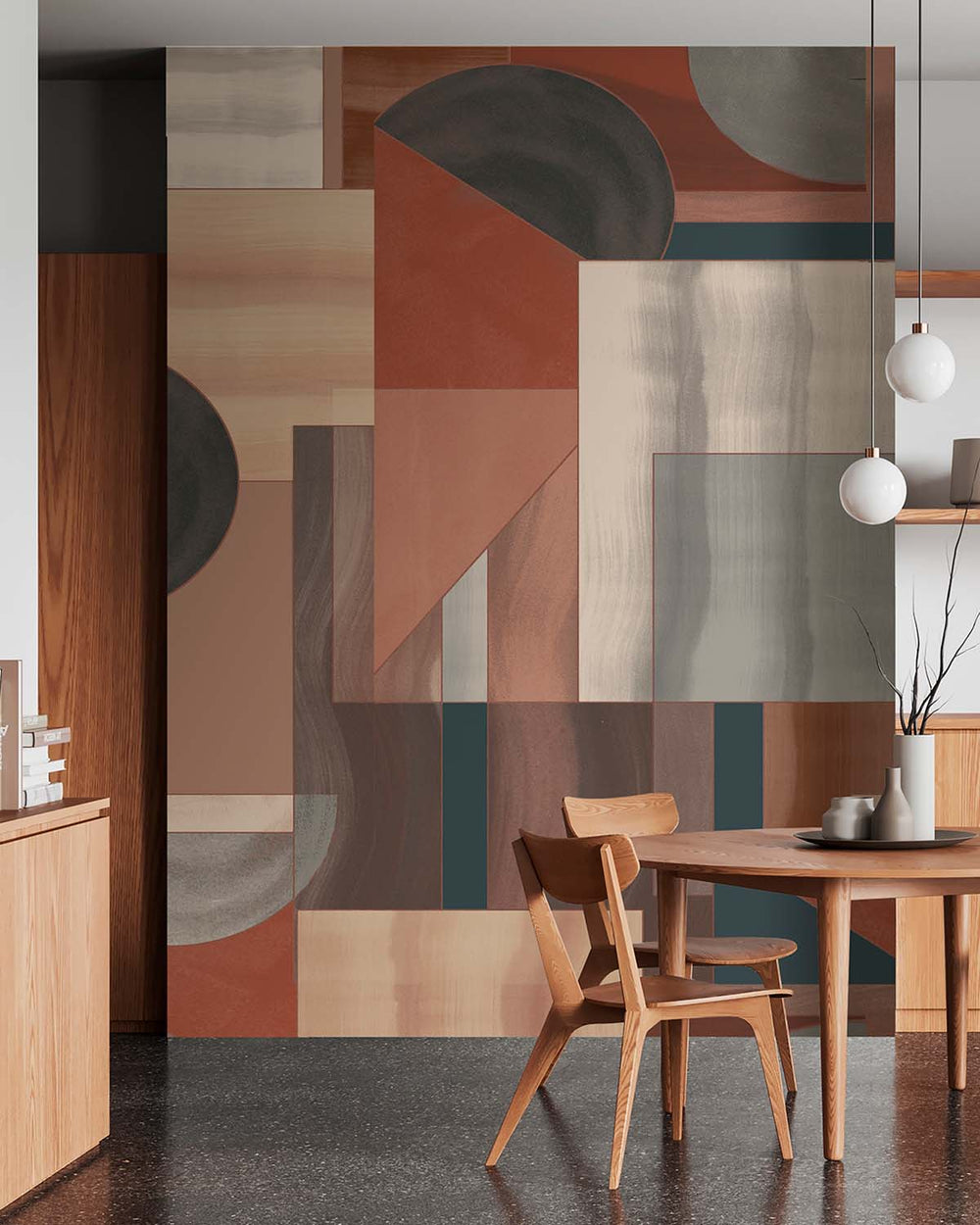 Burled Redwood Mid-Century Abstract Geometric Residential Mural RM9215