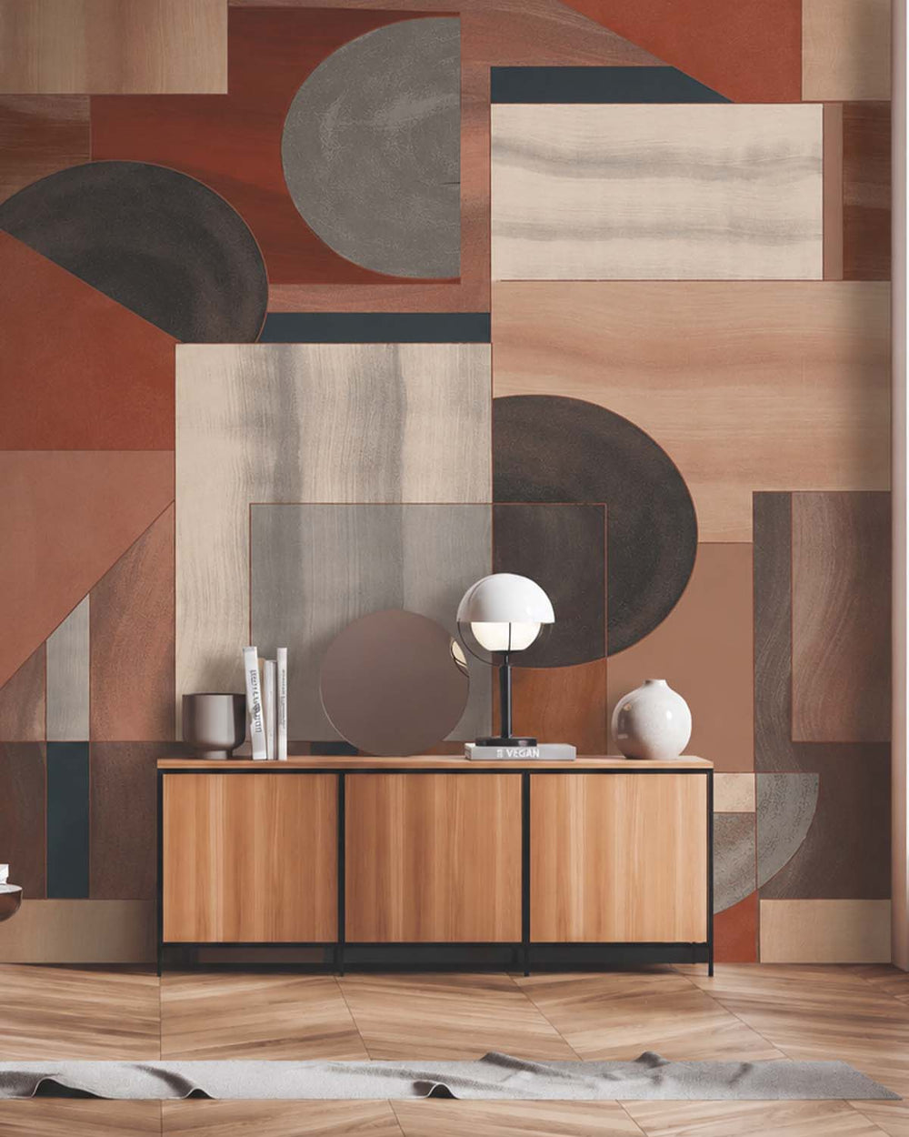 Burled Redwood Mid-Century Abstract Geometric Residential Mural RM9215
