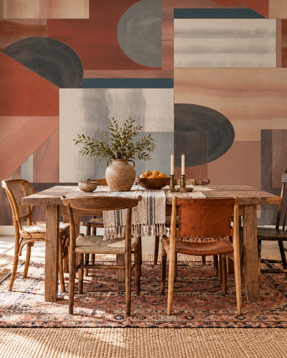 Burled Redwood Mid-Century Abstract Geometric Residential Mural RM9215
