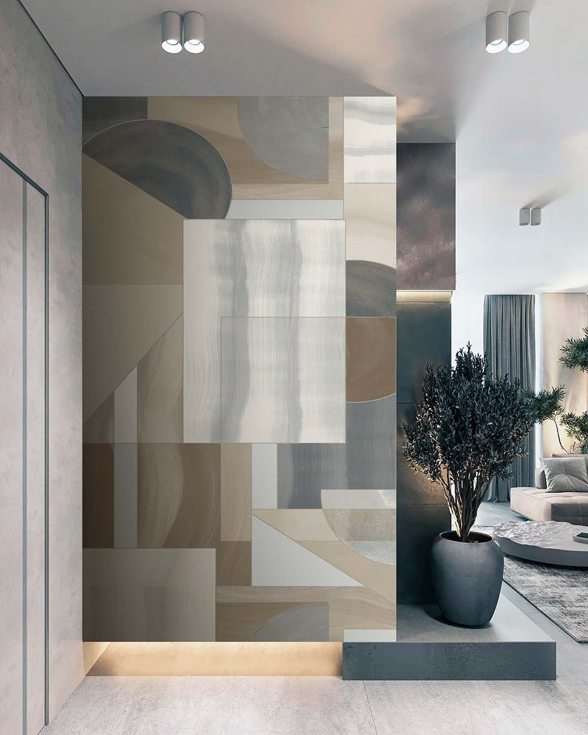 Oyster Linen Mid-Century Abstract Geometric Wallpaper Panels RM9217