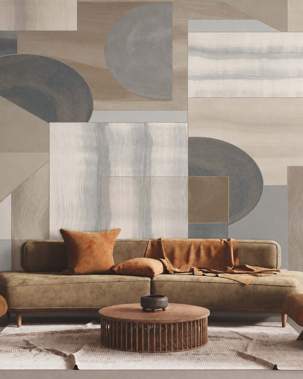 Oyster Linen Mid-Century Abstract Geometric Residential Mural RM9217