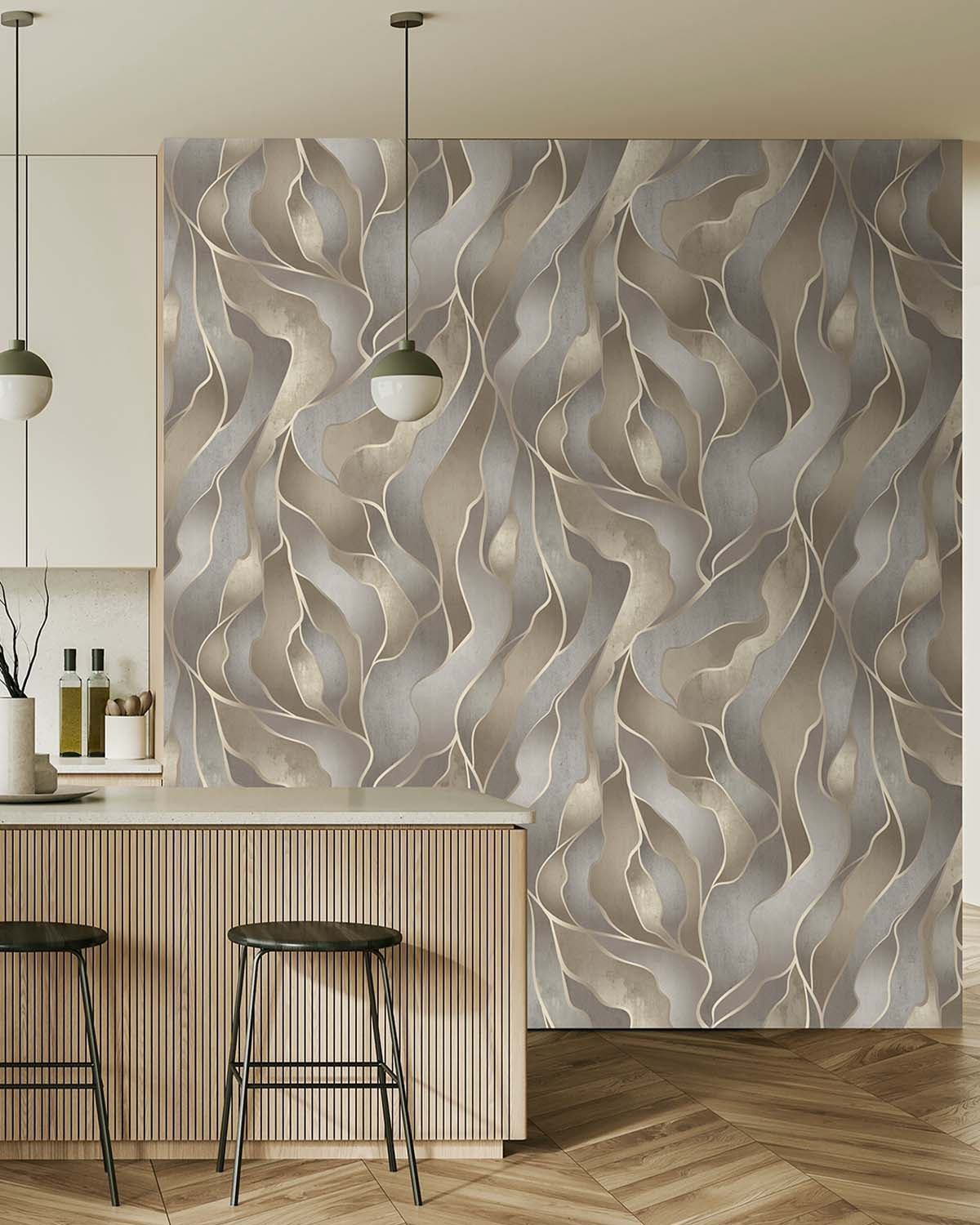 Bauhaus Tan Abstract Flowing Wave Wallpaper Panels RM9218