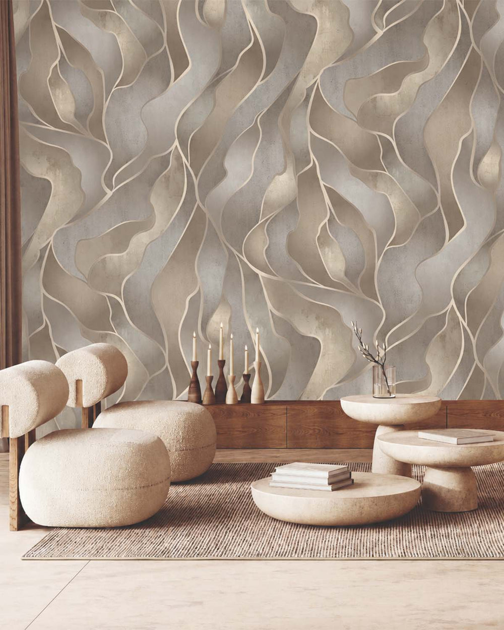 Bauhaus Tan Abstract Flowing Wave Residential Mural RM9218